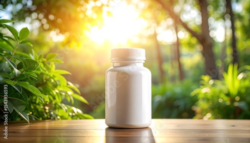 White pill bottle with nature background.
