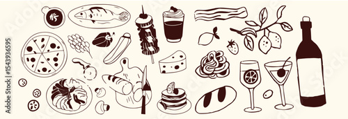 Hand-drawn Italian pizza illustrations set featuring a variety of whole and sliced pizzas, toppings, and decorative ingredients.