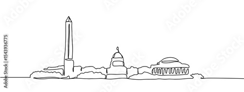 Continuous line, Washington, D.C. Simple art lines on transparent background, editable strokes.