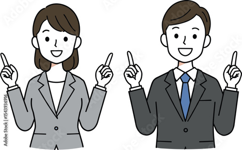 WebProfessional business man and woman pointing upwards, indicating important information, presenting new ideas, guiding directions, highlighting key points, and offering clear explanations