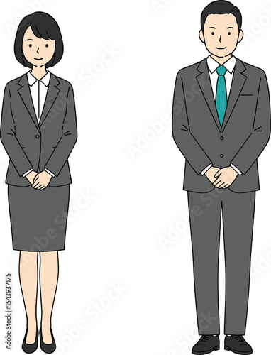 Professional business man and woman in formal suits, standing politely, embodying respectful greetings, customer service, corporate success, and excellent Japanese business etiquette.