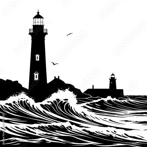 “Coastal lighthouse and village silhouette against ocean waves, seascape vector”