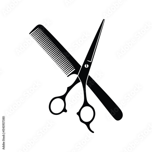 Black and white illustration of barber scissors and comb hair cutting tools salon barbershop hairdressing