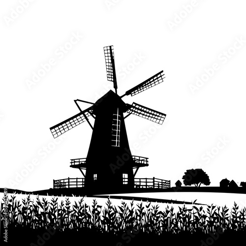 Hilltop windmill silhouette surrounded by fields, classic Dutch countryside style”