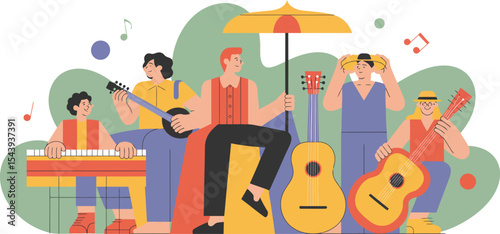 Group of people playing musical instruments with a green background shape