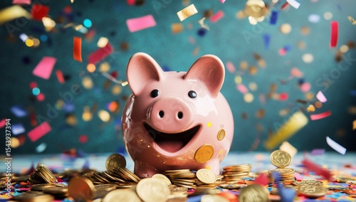 Happy Piggy Bank with Coin Savings, and Celebration.
