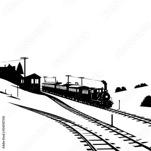 Countryside railway silhouette passing through village and hills, scenic travel illustration”