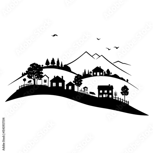 Hillside vineyard village silhouette, rolling hills and tiny houses, minimal landscape design”