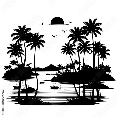 Tropical village silhouette with palm trees and ocean, sunset scene, flat vector art”