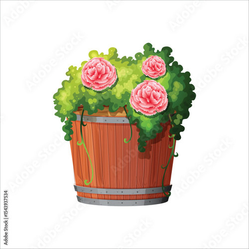 Pink carnations in wooden barrel planter pot