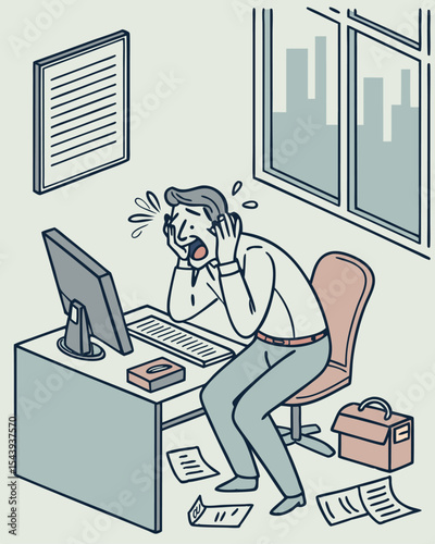 Stressed Office Worker Illustration – Workplace Anxiety and Burnout Concept