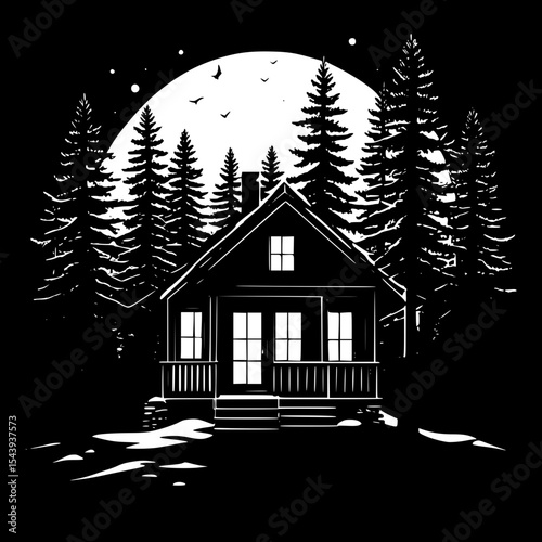 Nighttime forest cabin silhouette with glowing windows, rustic and cozy vector scene”