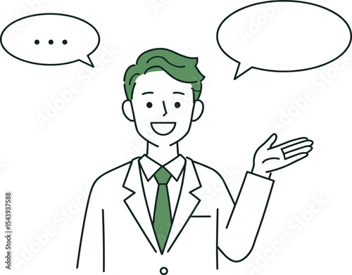 Confident Businessman Explaining or Presenting Information, Smiling Man with Speech Bubbles, Effective Communication, Professional Advisor, Customer Service, Business Discussion, Public 