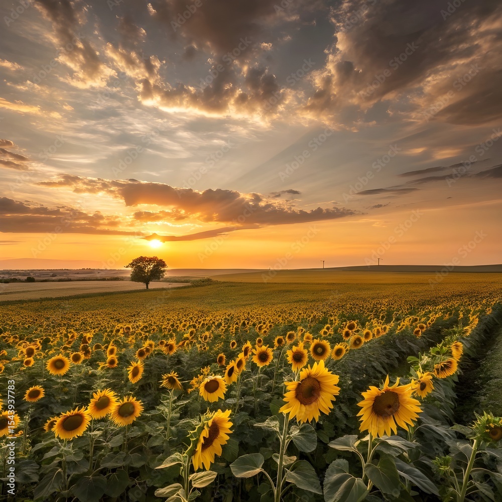 Obraz premium A wide open field of sunflowers stretching to the horizon, under a golden sunset sky, gentle breeze moving the petals.