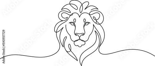 Single line drawing of a lion head with mane on a white background art