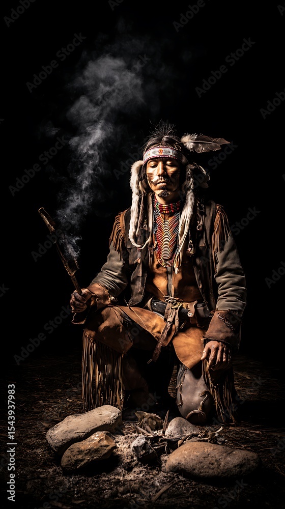 Fototapeta premium Native American man meditating by fire