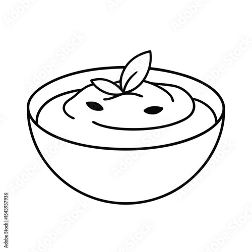 Hummus bowl with olive garnish in line drawing Vector illustration