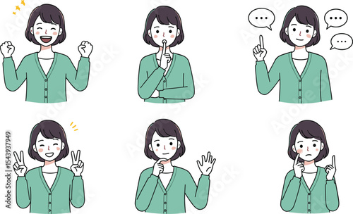 Woman Expressing Diverse Emotions and Gestures: Excitement, Silence, Idea, Peace, Uncertainty, and Thought, Communicating Various Concepts, Problem Solving, Decision Making, Human Feelings, Body 