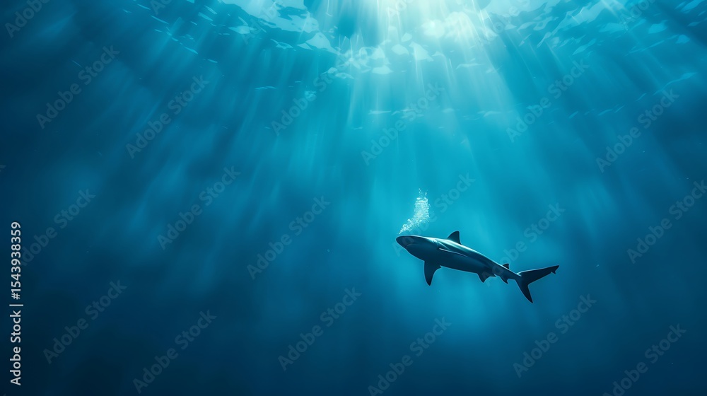 Fototapeta premium The Majestic Shark Swimming In The Deep Blue Sea Sunlight Highlights