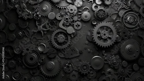 A non-overlapping many kind gears, silver tone, black color back ground,  black color in harmony, Generative AI Video.