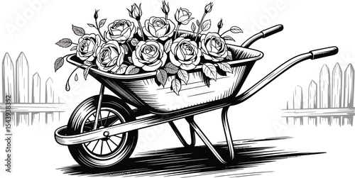 Black and white illustration of a wheelbarrow filled with roses and leaves