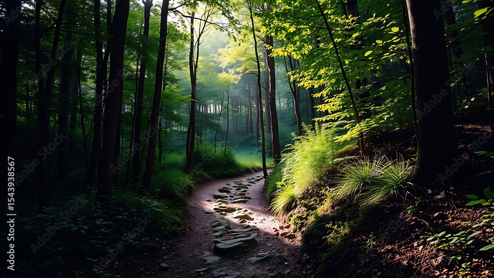 Fototapeta premium Sunlit Forest Trail Peaceful Pathway Through Lush Green Woods For Nature Backgrounds Hiking Websites And Environmental Design Projects