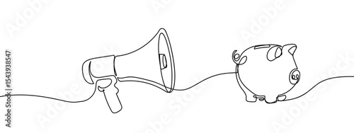 Continuous line, megaphone and piggy bank, financial business illustration, concept Simple art lines on transparent background, editable strokes.