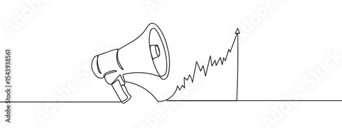 Continuous lines, megaphone and graph, financial business illustration, concept Simple art lines on transparent background, editable strokes.