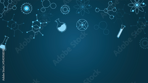 Technology inspired science background featuring glowing lab flasks test tubes atoms gears and molecules on a dark blue gradient backdrop perfect for research or education themes