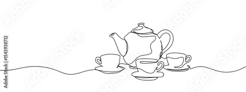 Continuous line, tea set, teapot, teacup, China Simple art lines on transparent background, editable strokes.