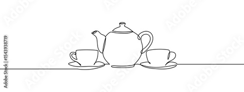 Continuous line, tea set, teapot, teacup, China Simple art lines on transparent background, editable strokes.
