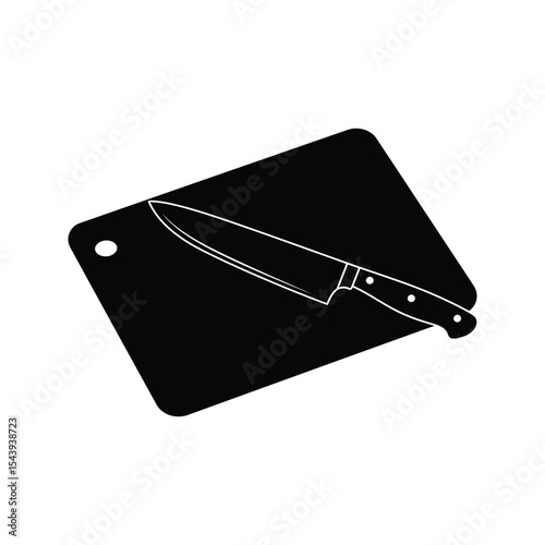 Black and white illustration of a kitchen knife on a cutting board