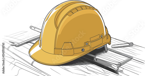 A yellow construction helmet on top of architectural plans and tools drawn