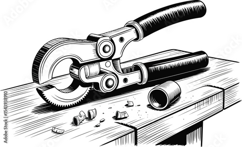 Illustration of a pipe cutter tool cutting a pipe on a wooden work surface