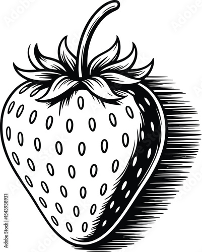 A black and white drawing of a single strawberry with a shadow effect