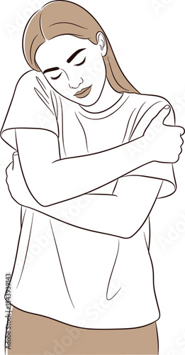 Self-Care Embrace: Woman Hugging Herself, Practicing Self-Love, Comfort, Acceptance, Mental Well-being, Inner Peace, Solitude, Mindfulness, Healing, Emotional Support, Positive Affirmation