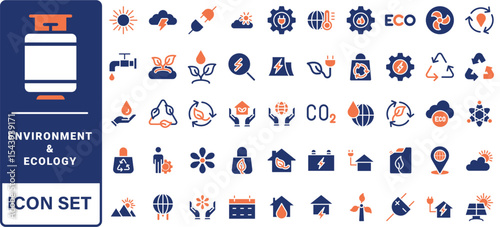 Environment and Ecologe icon set. Containing recycling, plant, nature, eco, earth, green energy, trees, ecology and more. Solid vector icons collection.