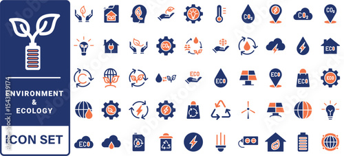 Environment and Ecologe icon set. Containing recycling, plant, nature, eco, earth, green energy, trees, ecology and more. Solid vector icons collection.
