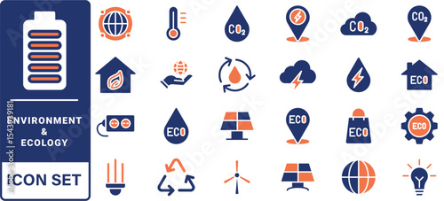 Environment and Ecologe icon set. Containing recycling, plant, nature, eco, earth, green energy, trees, ecology and more. Solid vector icons collection.