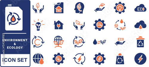 Environment and Ecologe icon set. Containing recycling, plant, nature, eco, earth, green energy, trees, ecology and more. Solid vector icons collection.