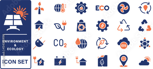 Environment and Ecologe icon set. Containing recycling, plant, nature, eco, earth, green energy, trees, ecology and more. Solid vector icons collection.