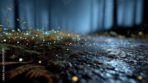 Fototapeta Naklejka Na Ścianę i Meble -  Night rain falling forest ground with bioluminescent leaf litter glowing in patches realistic wet textures and atmospheric lighting