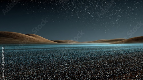 Night desert landscape bioluminescent sand particles glowing under starlight surreal dry terrain with mysterious shimmer