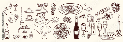 Hand-drawn Italian pizza illustrations set featuring a variety of whole and sliced pizzas, toppings, and decorative ingredients.