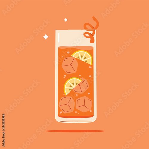 Drinks in a tall glass. Summer appetizer decorated with citrus and ice cubes. Illustration of soft and alcoholic drinks.