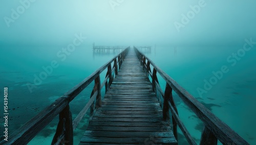 A long, weathered wooden pier extends into a misty, teal-colored sea, disappearing into the fog