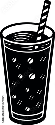 Cold Orange Soda In Glass With Straw Vector Silhouette On White Background