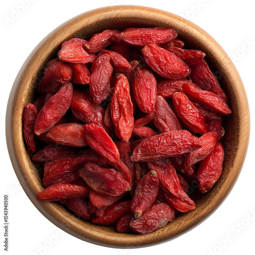 Goji berries in wooden bowl close up healthy eating superfood concept isolated on transparent background