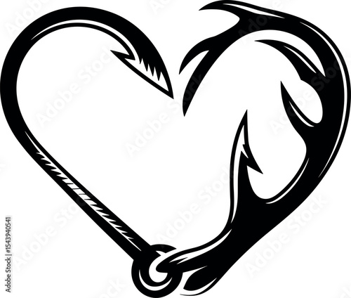 Fishing hook love heart sign isolated on a white background. Fishing hook close up. Fishing tackle. Stainless steel fishing hooks. Fish hooks in heart shape. The concept of love of fishing.