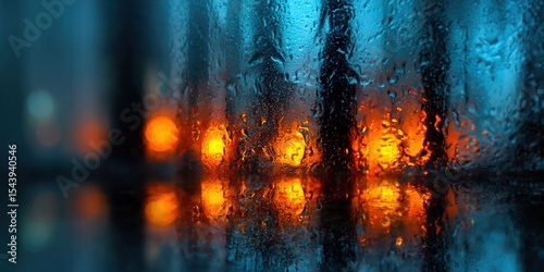 Rain-streaked glass filters city lights, creating a moody, atmospheric scene in blue and orange.